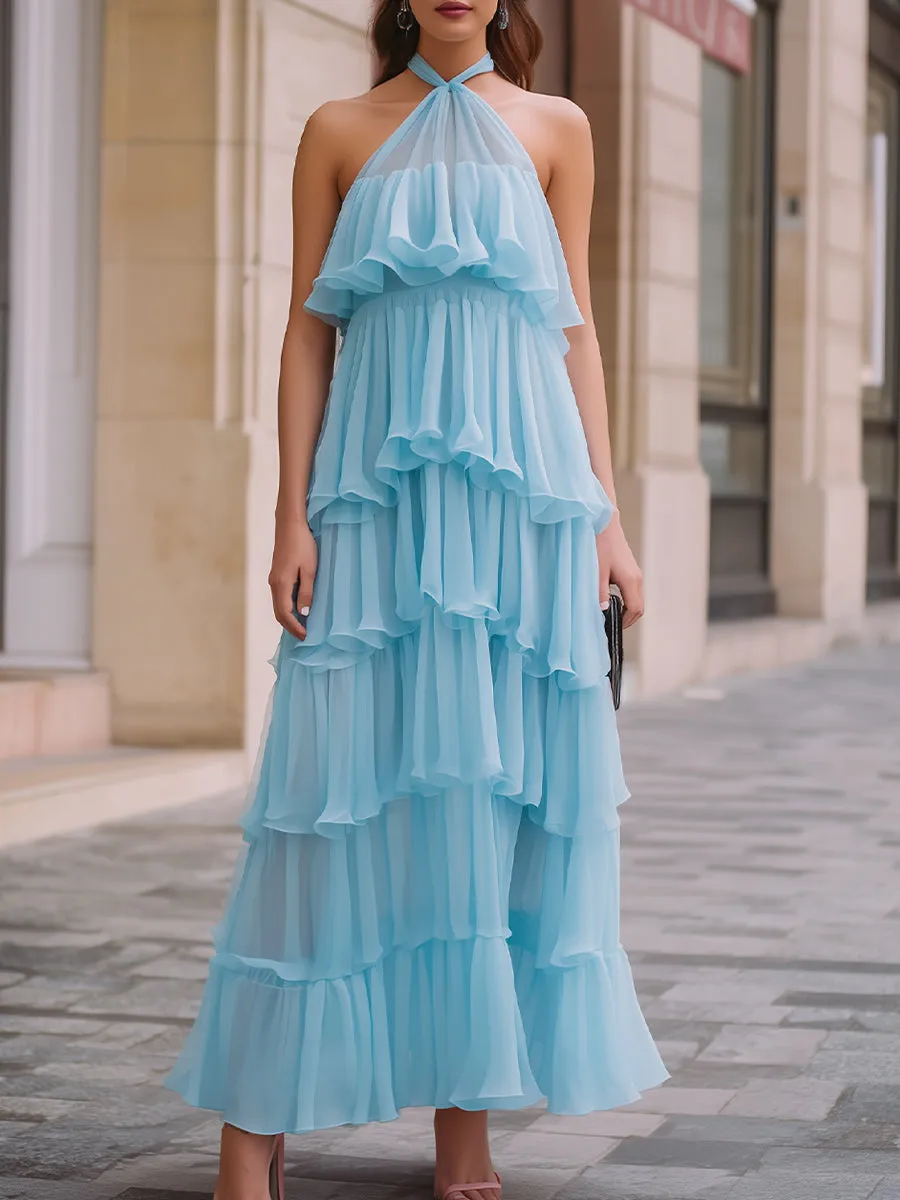 Sky Blue Halter Neck Ruffle Tiered Chiffon Maxi Dress sold by Mooyius