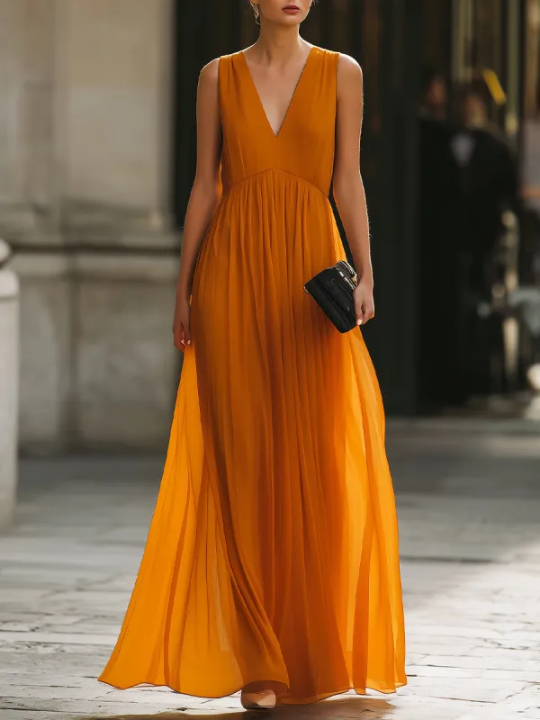 Pleated V-Neck Flowing Maxi Dress made by Mooyius
