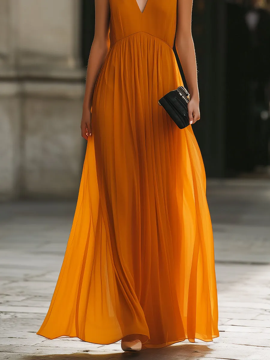 Pleated V-Neck Flowing Maxi Dress sold by Mooyius product image thumbnail 4