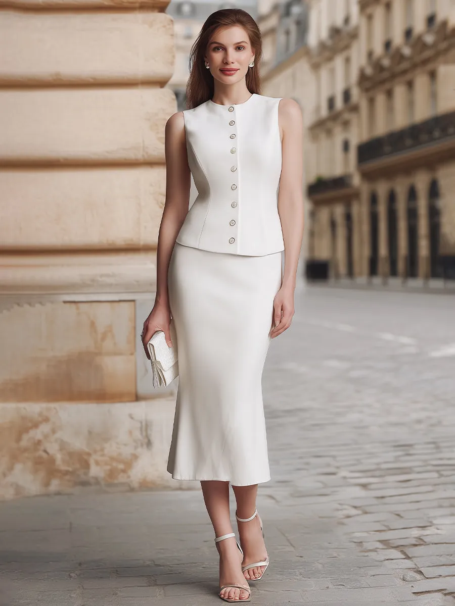 Button-Front Sleeveless Tailored Top And Midi Skirt Set sold by Mooyius product image thumbnail 2