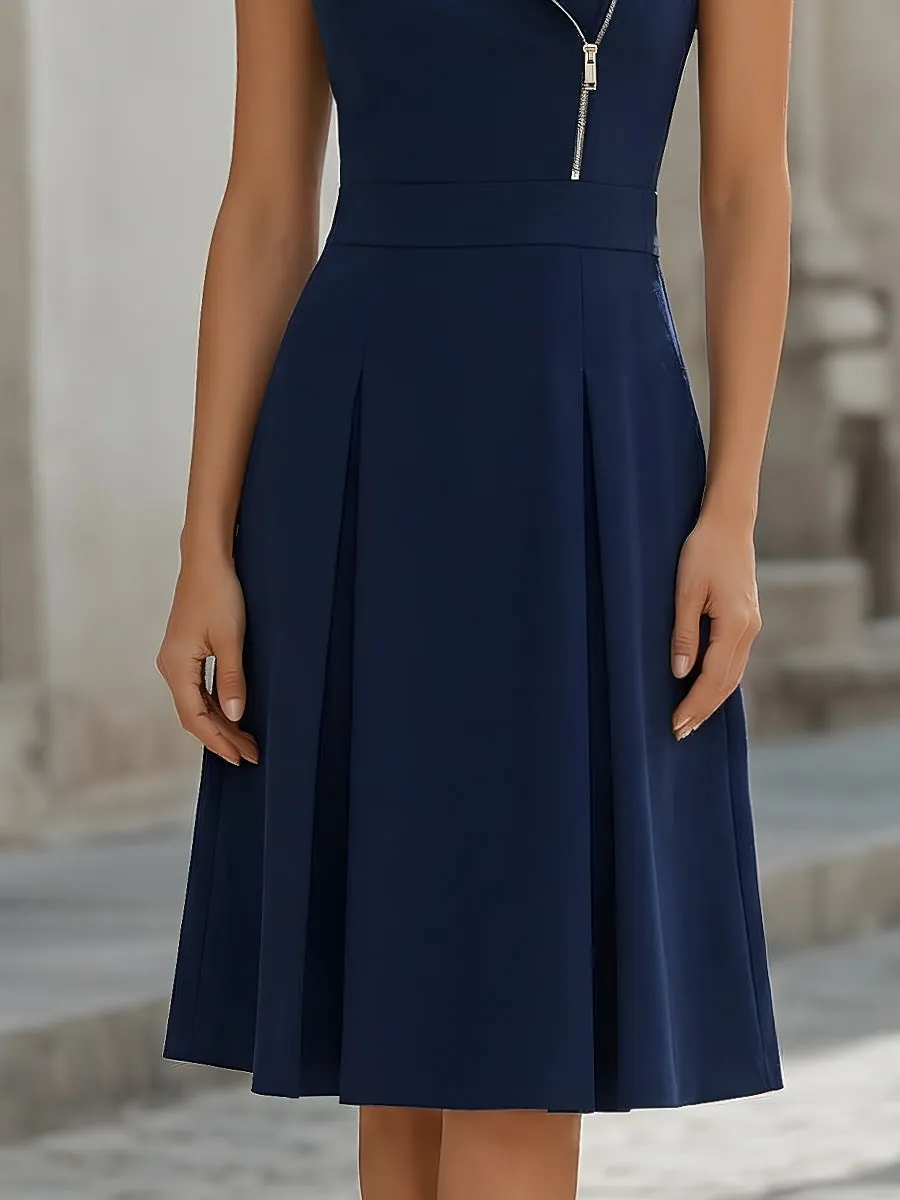 Elegant Lapel Collar Zipper Detail A-Line Midi Dress sold by Mooyius product image thumbnail 4