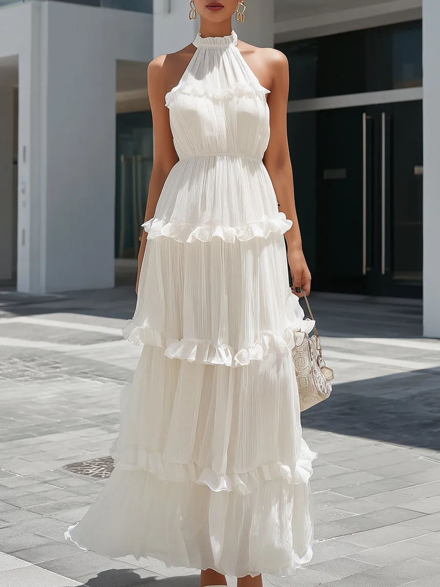 Elegant Chiffon Halter Neck Ruffle Tiered Maxi Dress sold by Mooyius