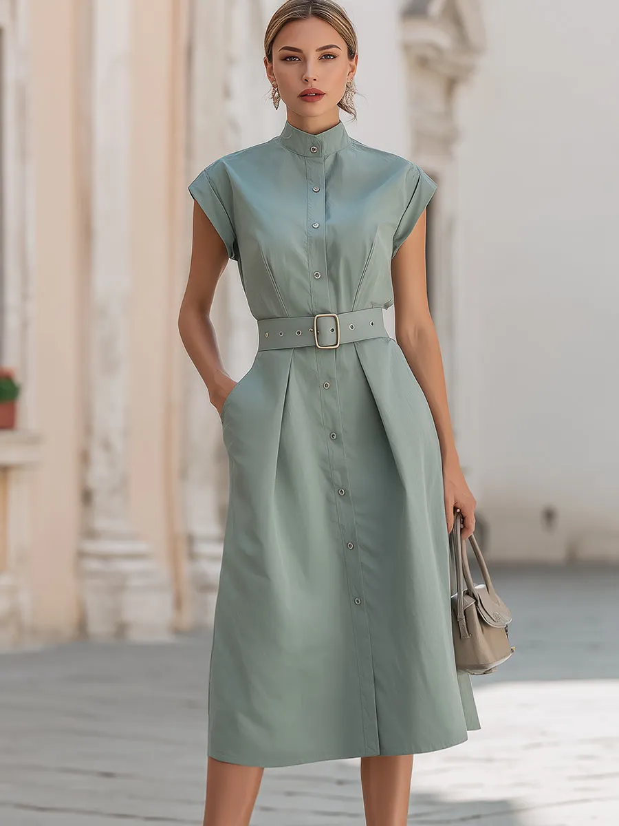 Elegant Stand Collar Belted Button-Down Midi Shirt Dress sold by Mooyius product image thumbnail 2