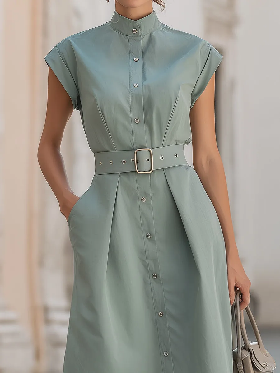 Elegant Stand Collar Belted Button-Down Midi Shirt Dress sold by Mooyius product image thumbnail 3
