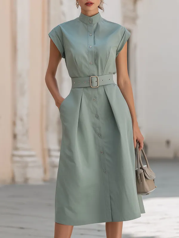 Elegant Stand Collar Belted Button-Down Midi Shirt Dress made by Mooyius