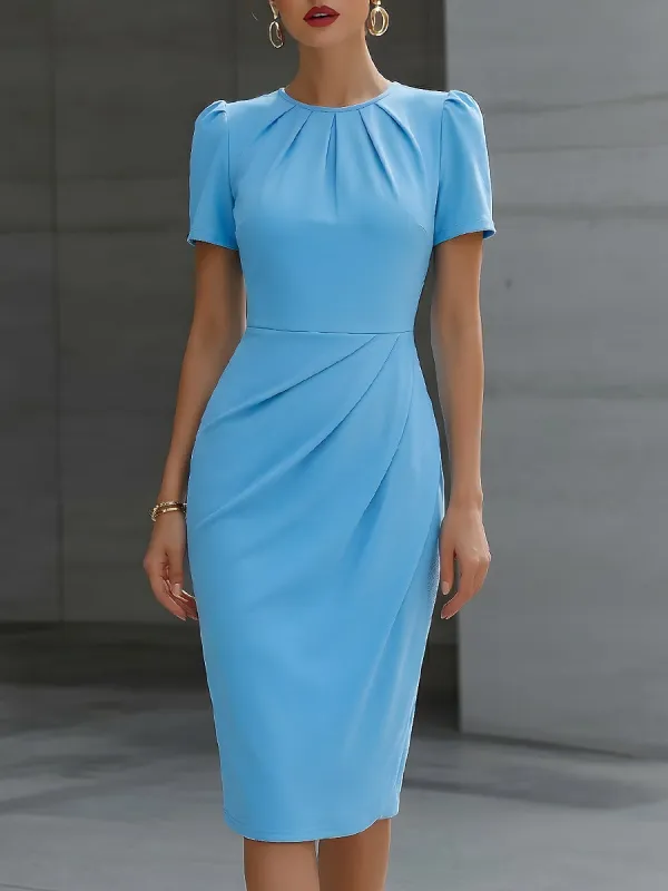 Elegant Pleated Puff Sleeve Waist Sheath Midi Dress made by Mooyius