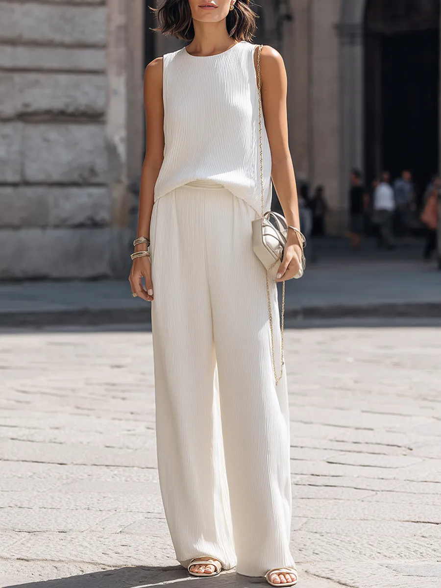 Pleated Sleeveless Relaxed Top And Wide-Leg Pants Set sold by Mooyius