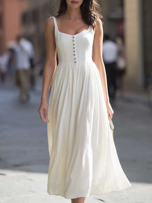 Square-Neck Button-Front Gathered Midi Dress made by Mooyius