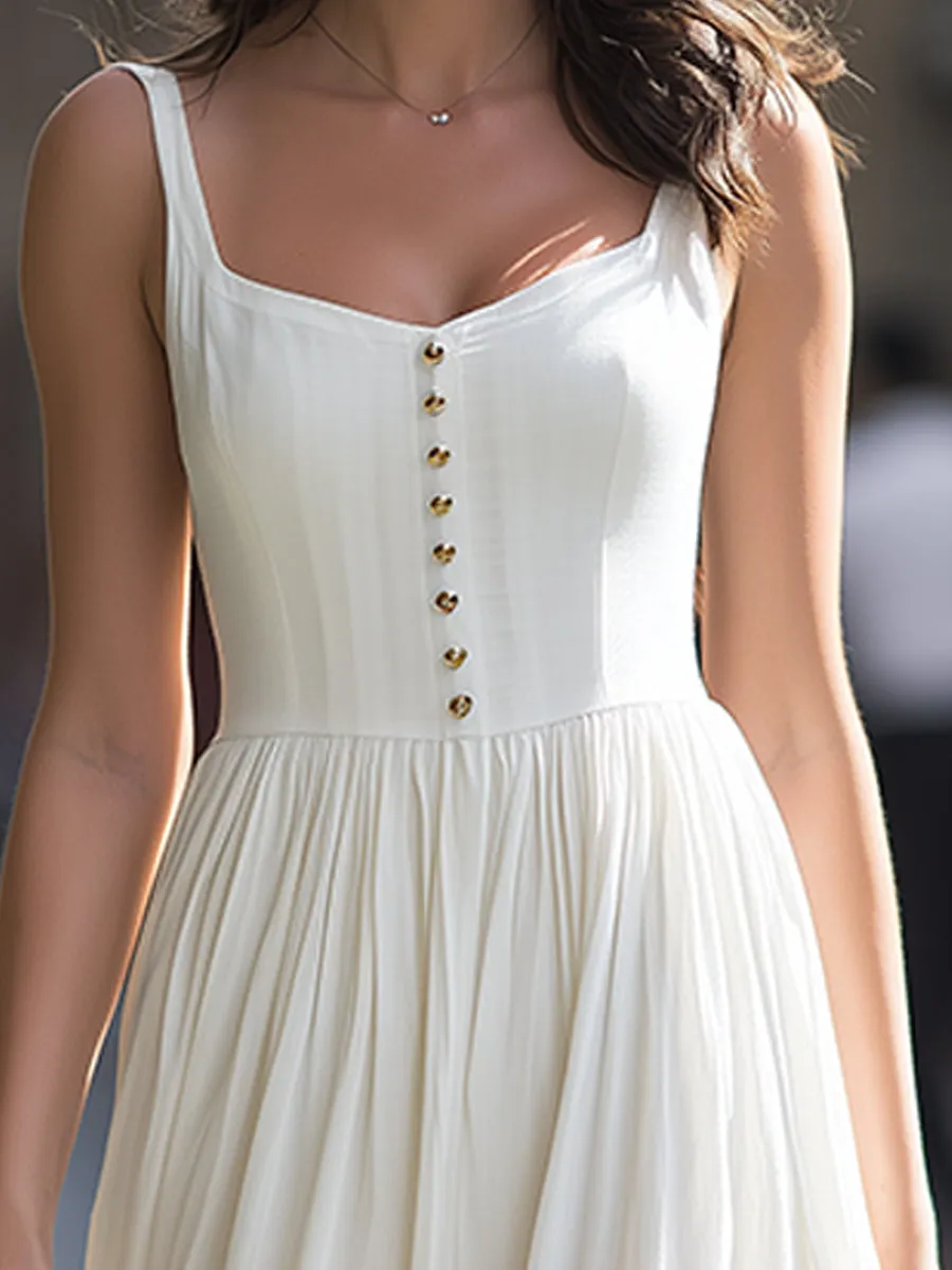 Square-Neck Button-Front Gathered Midi Dress sold by Mooyius product image thumbnail 4