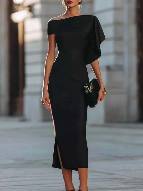 Asymmetric One-Shoulder Draped Midi Dress made by Mooyius