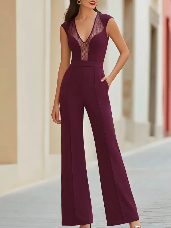 Elegant Mesh Panel Sleeveless High Waist Wide Leg Jumpsuit made by Mooyius