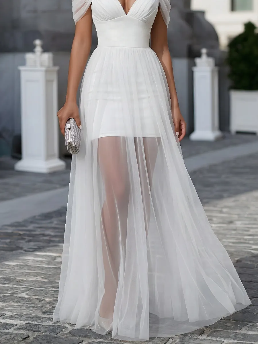 Off-Shoulder Sheer Overlay Pleated Maxi Dress sold by Mooyius product image thumbnail 3