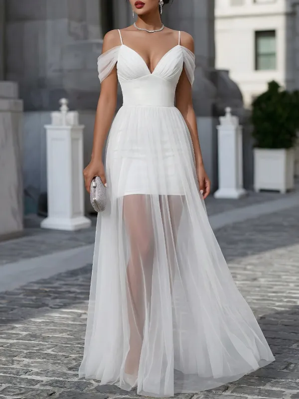 Off-Shoulder Sheer Overlay Pleated Maxi Dress made by Mooyius