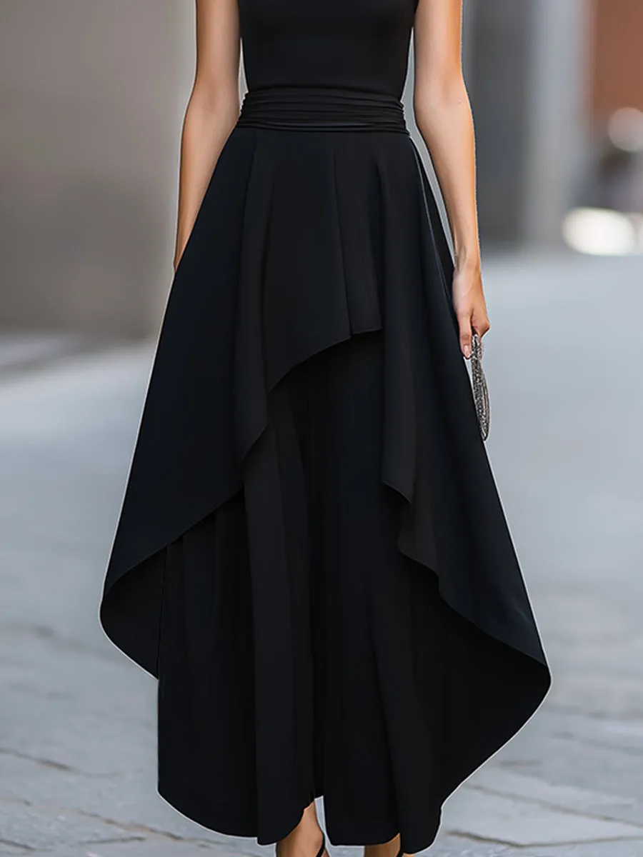 High-Neck Halter Asymmetrical Layered Top + Wide-Leg Pants Two-Piece Set sold by Mooyius product image thumbnail 3