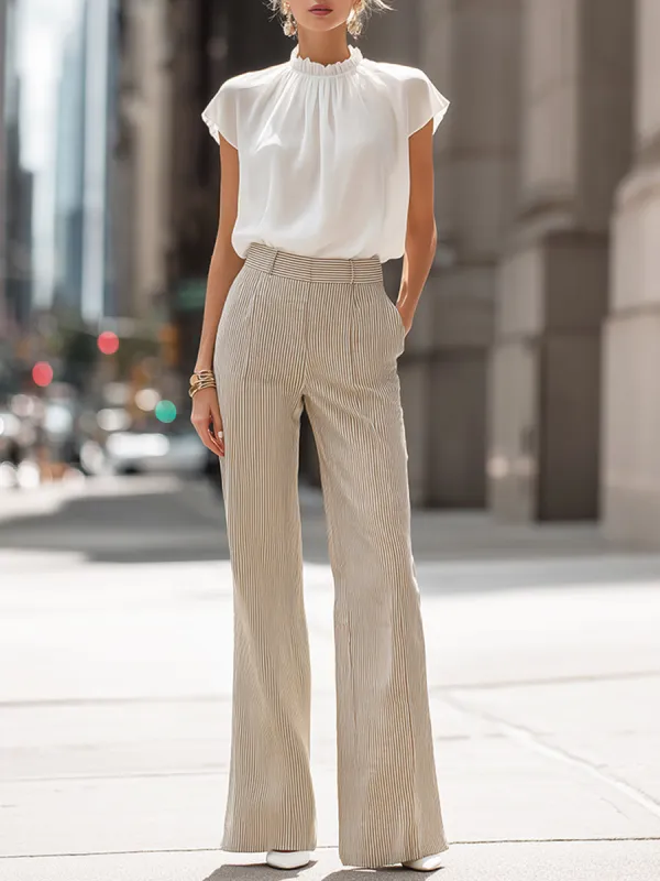 Ruffled Neck Blouse And Striped Wide-Leg Pants Set made by Mooyius