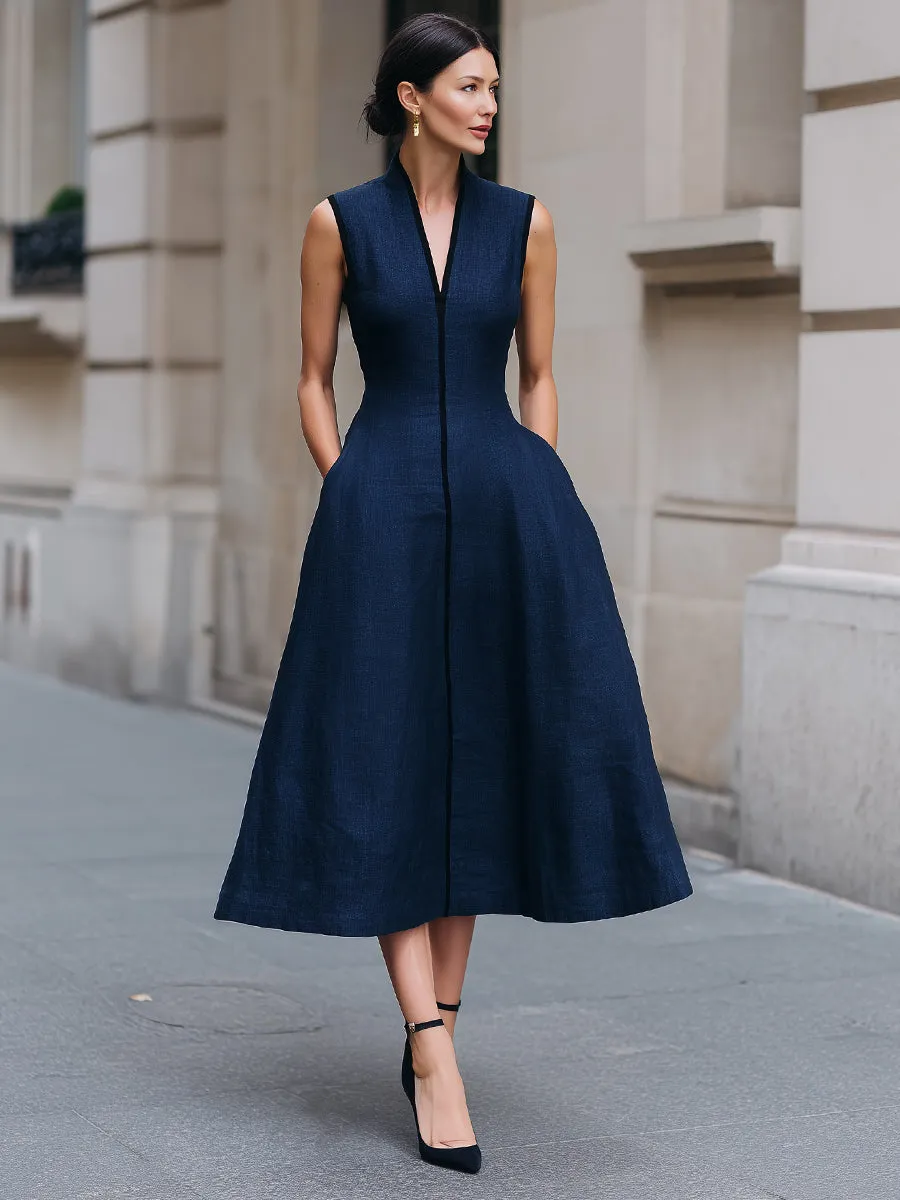 Sleeveless Contrast Trim Structured A-Line Midi Dress sold by Mooyius product image thumbnail 2