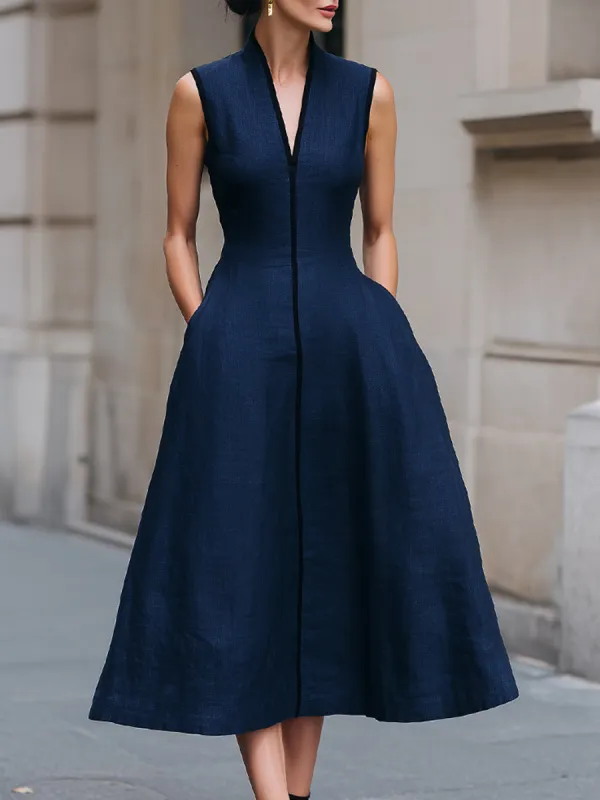 Sleeveless Contrast Trim Structured A-Line Midi Dress made by Mooyius