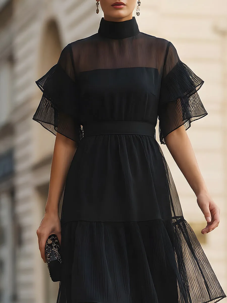 Sheer Panel Ruffle Sleeve Tiered Midi Dress sold by Mooyius product image thumbnail 3