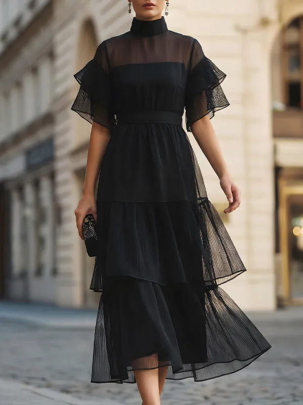 Sheer Panel Ruffle Sleeve Tiered Midi Dress made by Mooyius