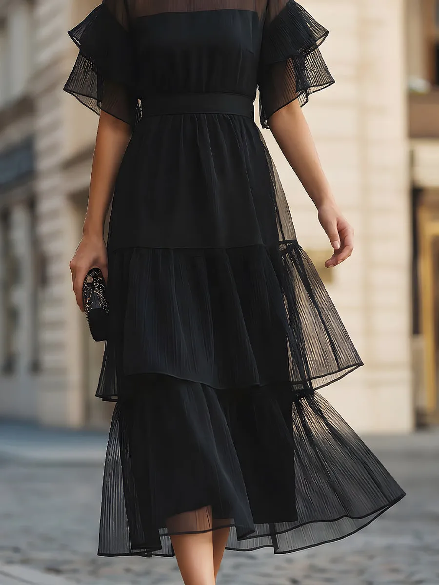 Sheer Panel Ruffle Sleeve Tiered Midi Dress sold by Mooyius product image thumbnail 4