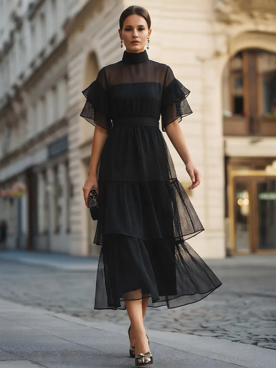 Sheer Panel Ruffle Sleeve Tiered Midi Dress sold by Mooyius product image thumbnail 2