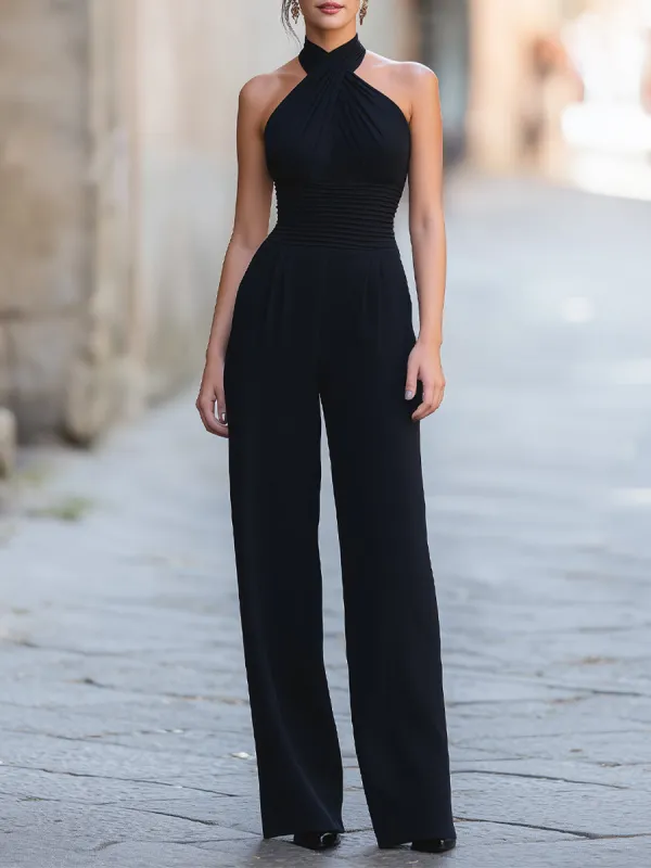 Cross Halter Neck Sculpted Waist Wide-Leg Jumpsuit made by Mooyius
