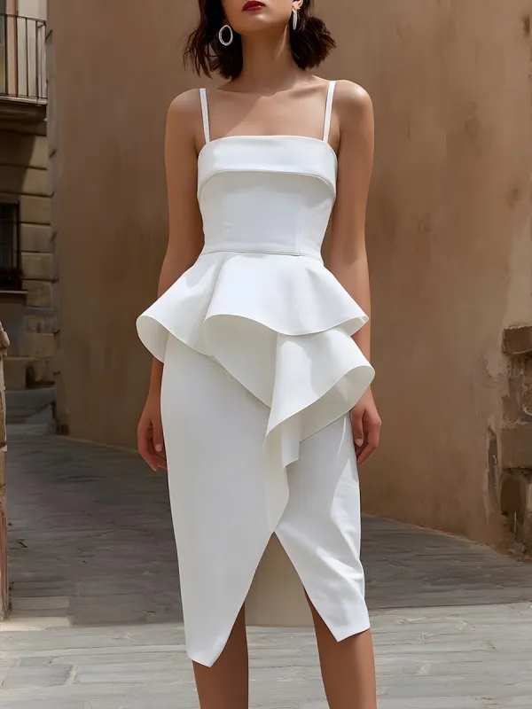 Structured Ruffle Peplum Strap Sculpted Midi Dress made by Mooyius