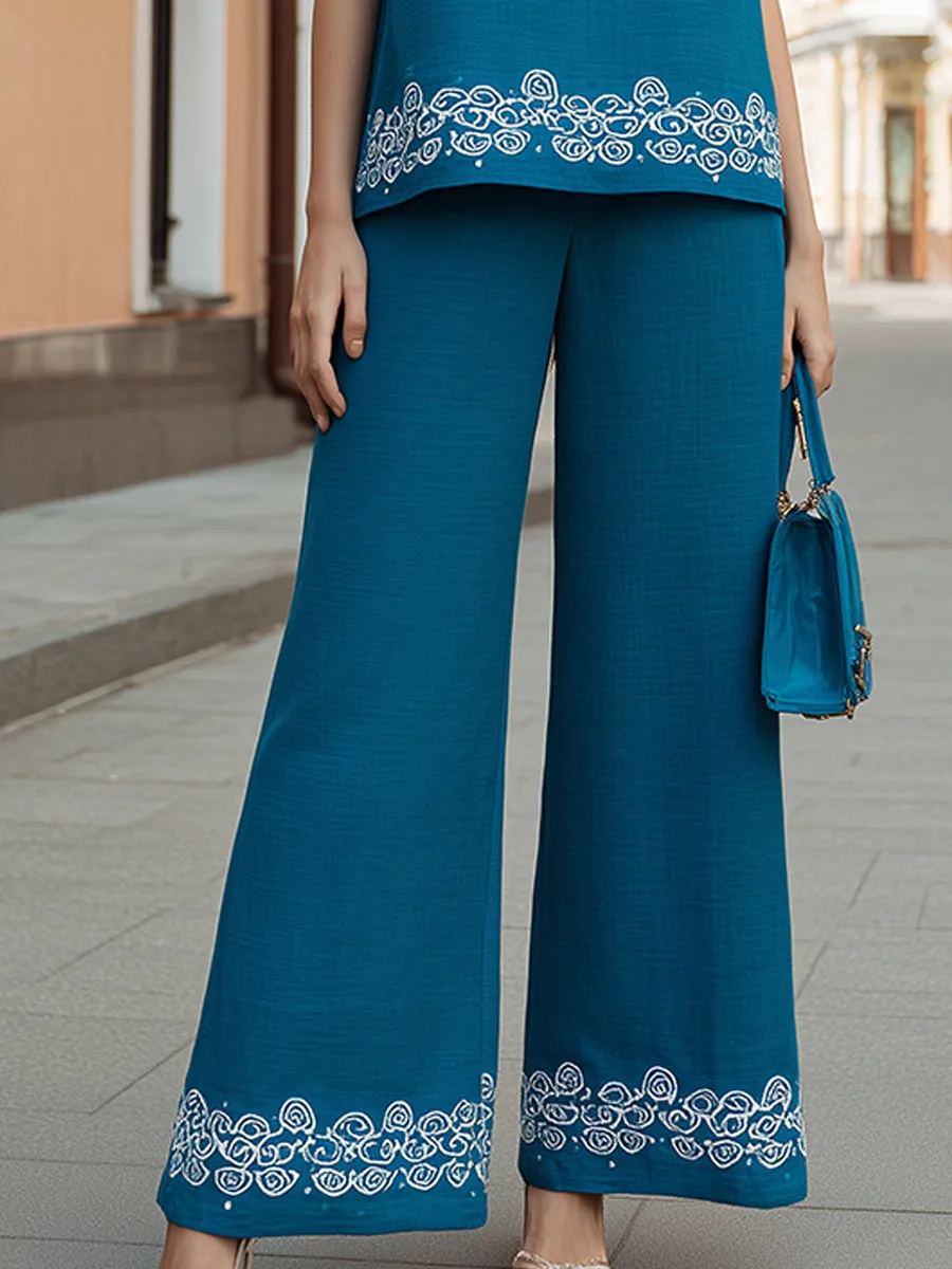 Elegant Embroidered Sleeveless Top & Wide Leg Pants Two-Piece Set sold by Mooyius product image thumbnail 4