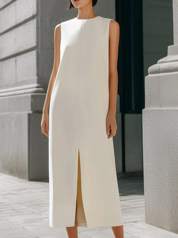 Sleeveless Round Neck Front Seam Slit Midi Shift Dress made by Something Navy