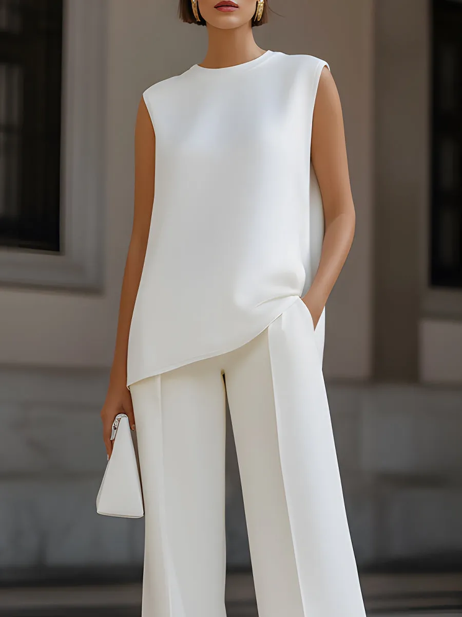 Sleeveless A Round Neck Top & High Waist Split Wide Leg Pants Two Piece Set sold by Mooyius product image thumbnail 2