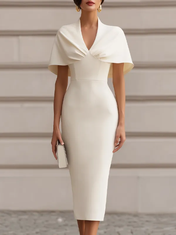 Draped Cape Sleeve V-Neck Bodycon Midi Dress made by Something Navy