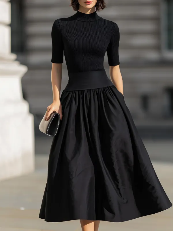 Black Mock Neck Knit Contrast Waist Flared Midi Dress made by Something Navy