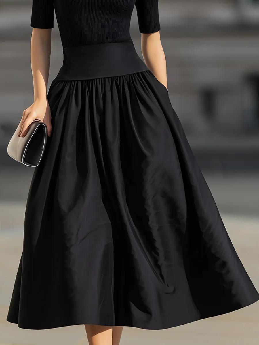 Black Mock Neck Knit Contrast Waist Flared Midi Dress sold by Mooyius product image thumbnail 3