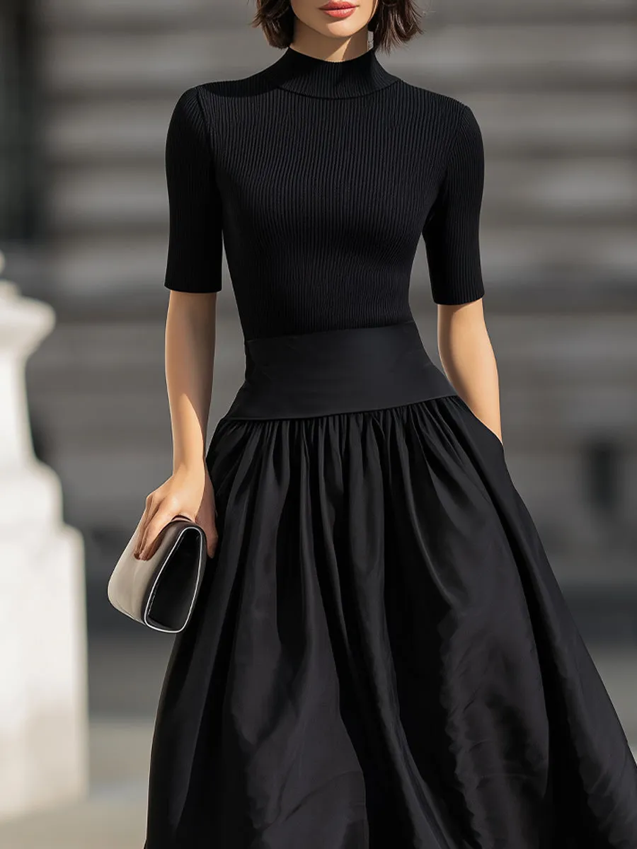 Black Mock Neck Knit Contrast Waist Flared Midi Dress sold by Mooyius product image thumbnail 2