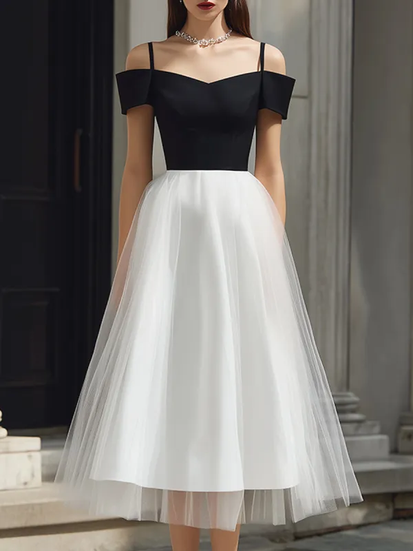 Off-Shoulder Strap Detail Tulle A-Line Midi Dress made by Mooyius