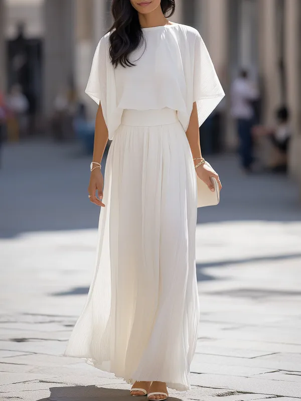 Pleated Shawl-Sleeve High-Waisted Flowy Maxi Dress Set made by Mooyius