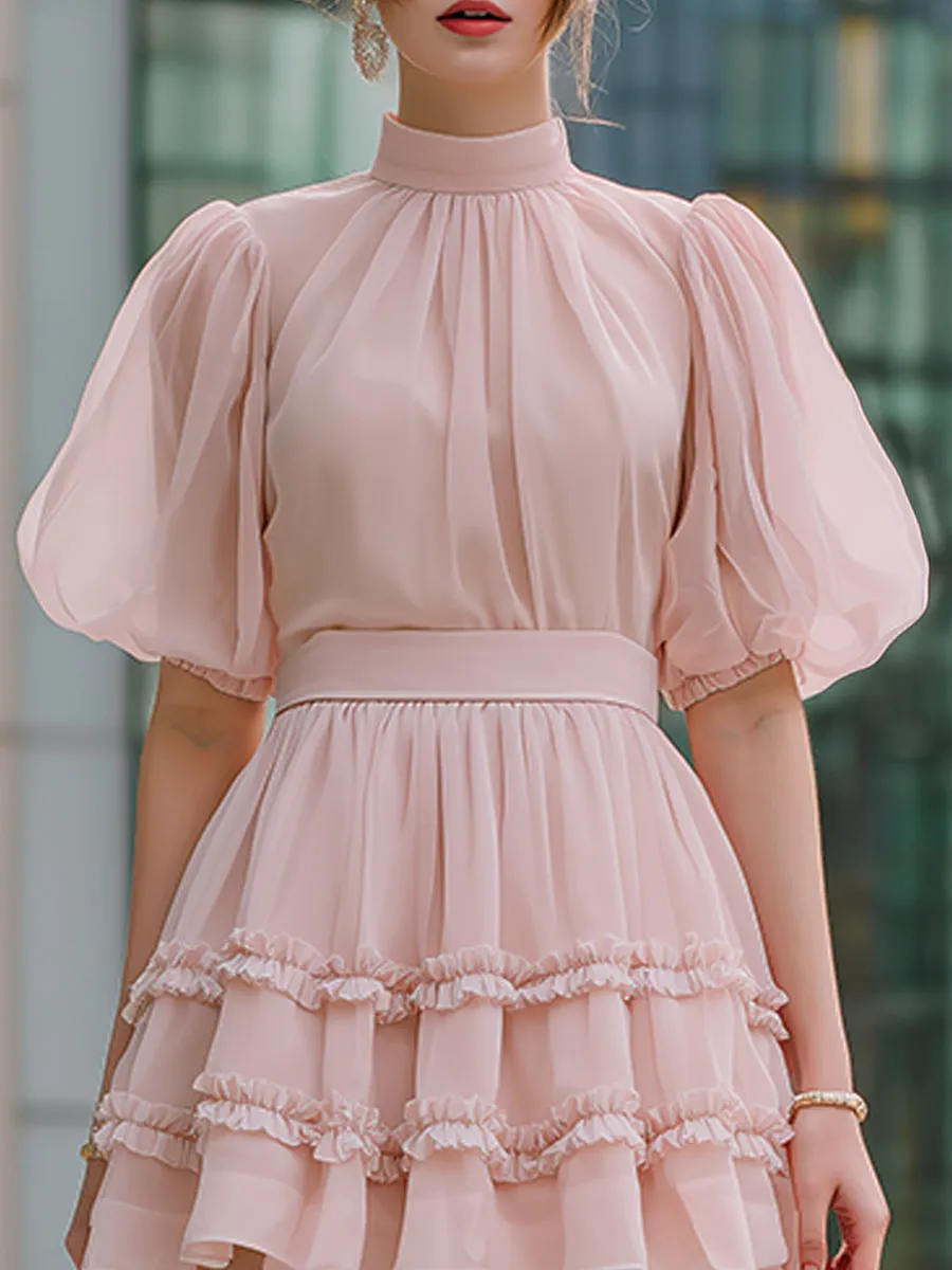 High Neck Puff Sleeve Tiered Ruffle Mini Dress sold by Mooyius product image thumbnail 2