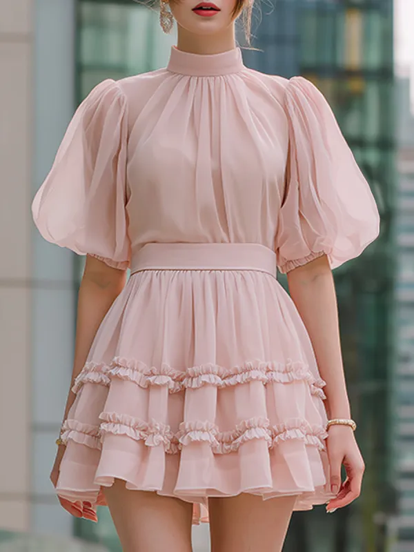 High Neck Puff Sleeve Tiered Ruffle Mini Dress made by Mooyius