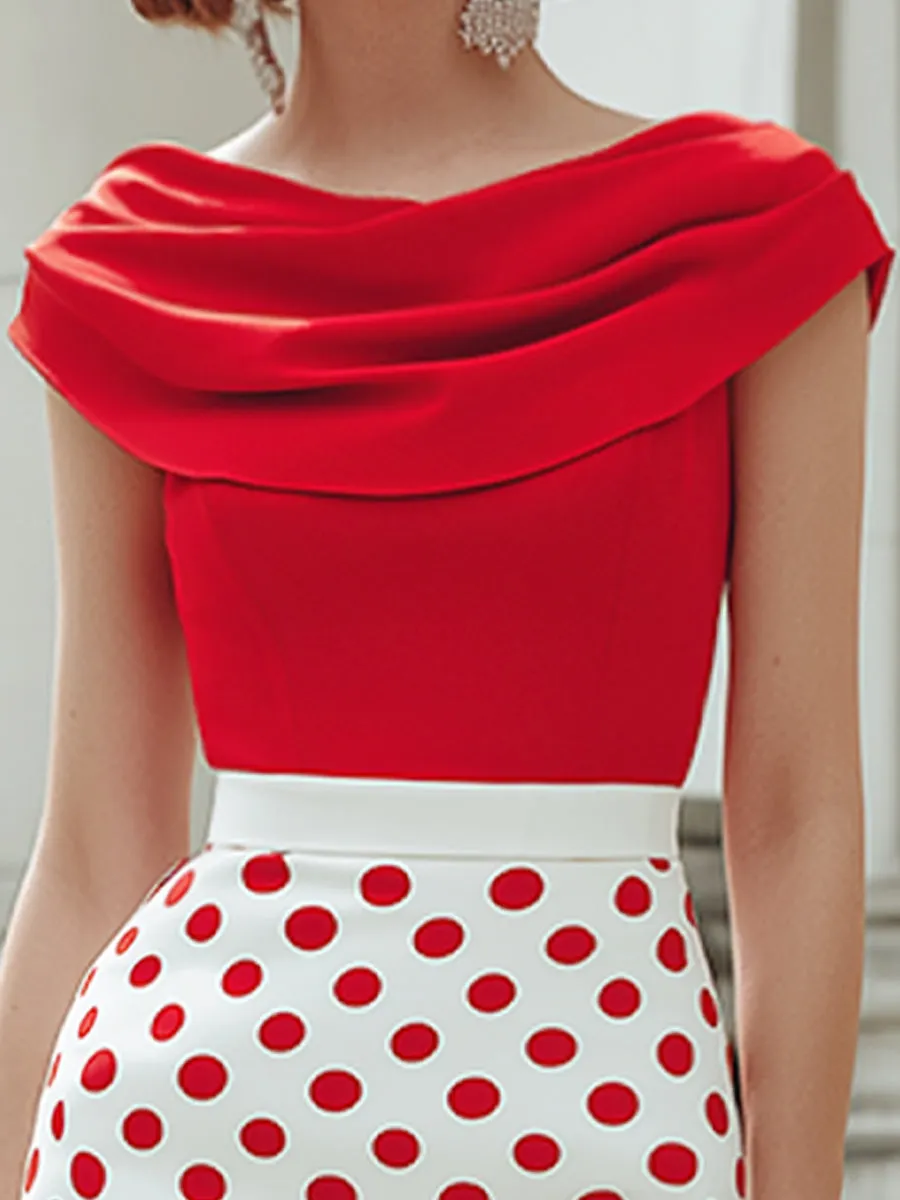 Off-Shoulder Draped Bodice Polka Dot Pencil Midi Dress sold by Mooyius product image thumbnail 2
