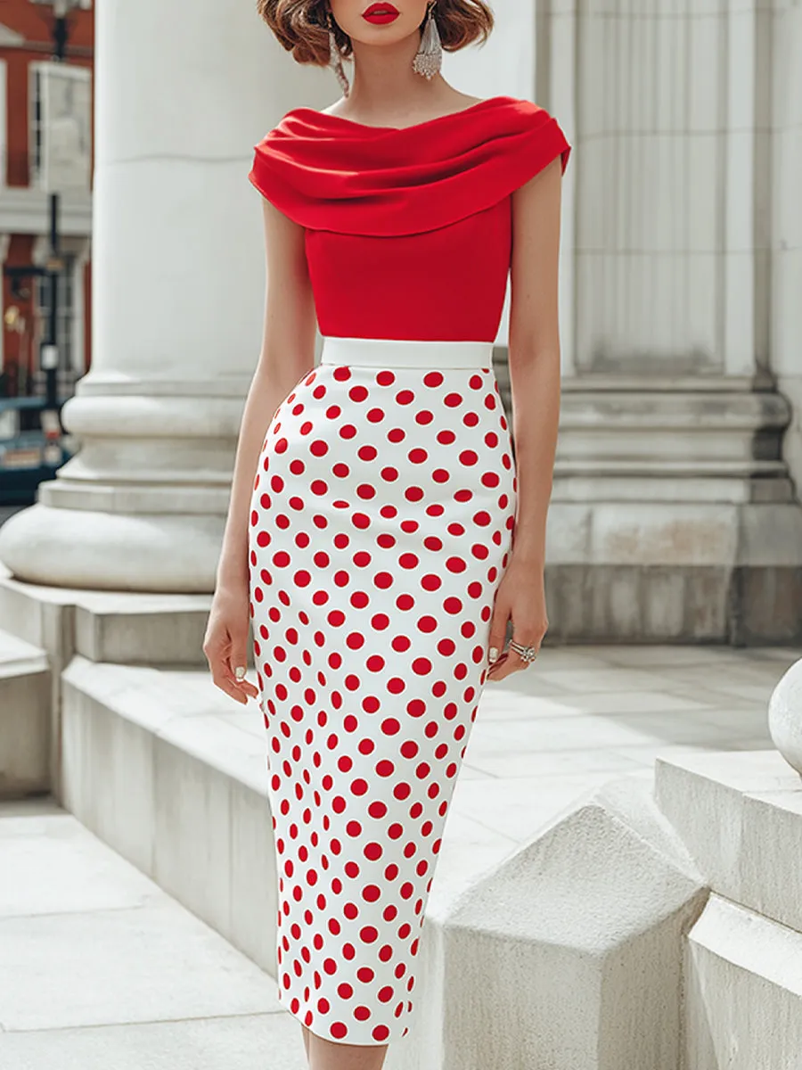Off-Shoulder Draped Bodice Polka Dot Pencil Midi Dress sold by Mooyius