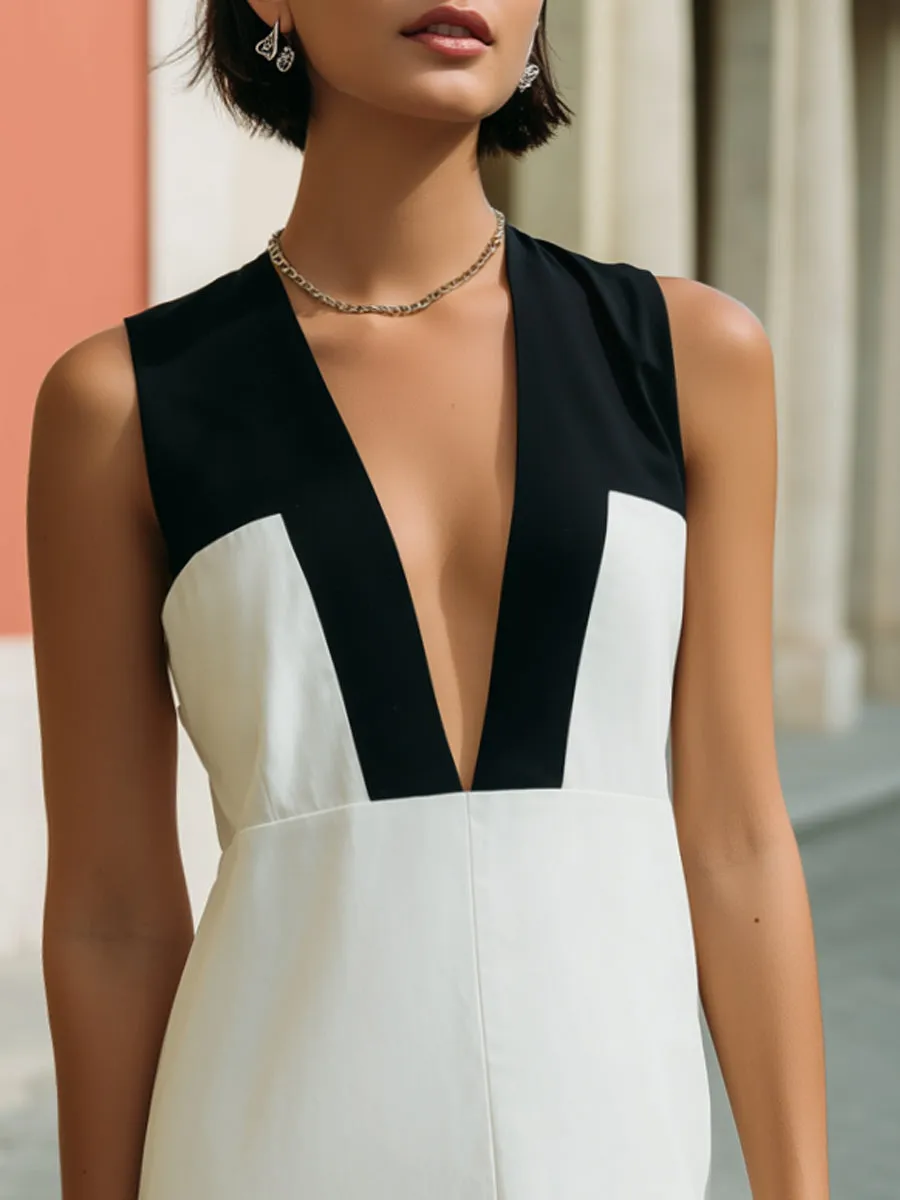 Deep V-Neck Contrast Panel Structured Mini Dress sold by Mooyius product image thumbnail 2