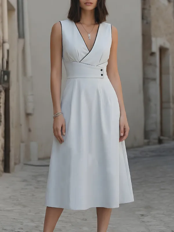 V-Neck Wrap Waist Tailored A-Line Midi Dress made by Mooyius