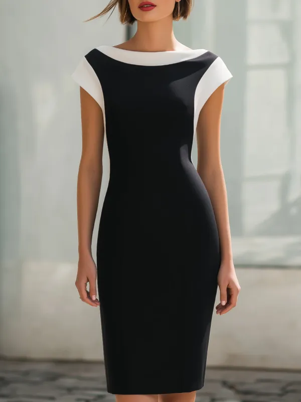 Contrast Panel Boat Neck Sculpted Midi Dress made by Mooyius