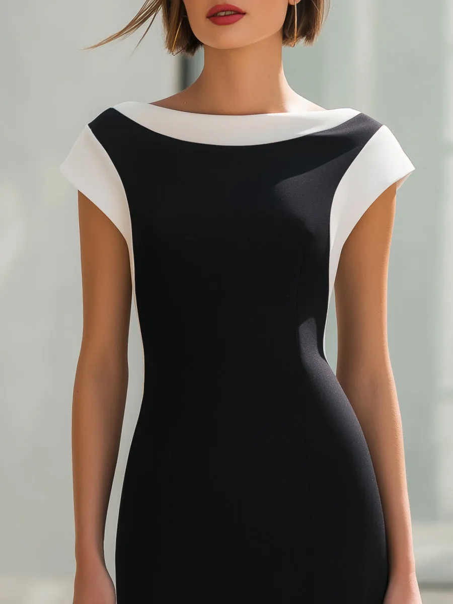 Contrast Panel Boat Neck Sculpted Midi Dress sold by Mooyius product image thumbnail 2