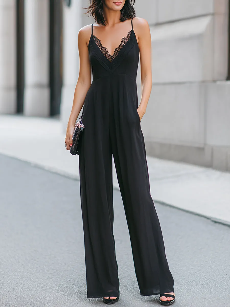 Lace-Trim V-Neck Cami Wide-Leg Jumpsuit sold by Mooyius