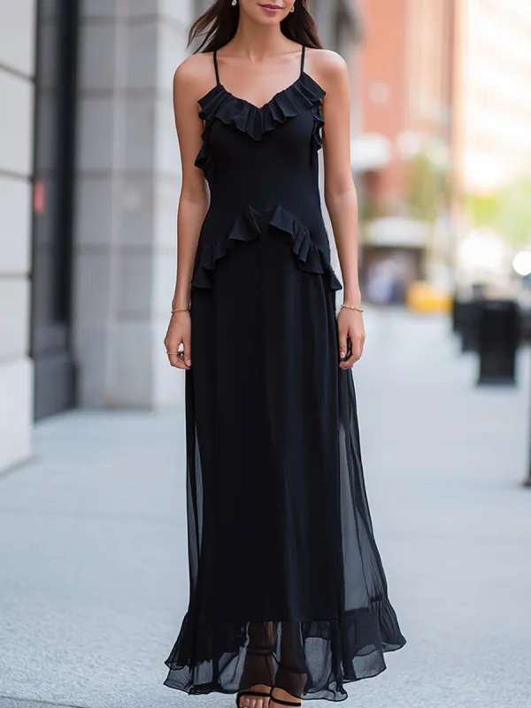 Ruffled Trim Spaghetti Strap Sheer Overlay Maxi Dress made by Mooyius