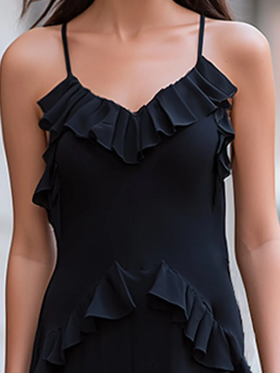 Ruffled Trim Spaghetti Strap Sheer Overlay Maxi Dress sold by Mooyius product image thumbnail 3