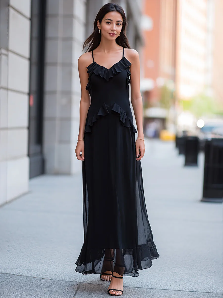 Ruffled Trim Spaghetti Strap Sheer Overlay Maxi Dress sold by Mooyius product image thumbnail 2