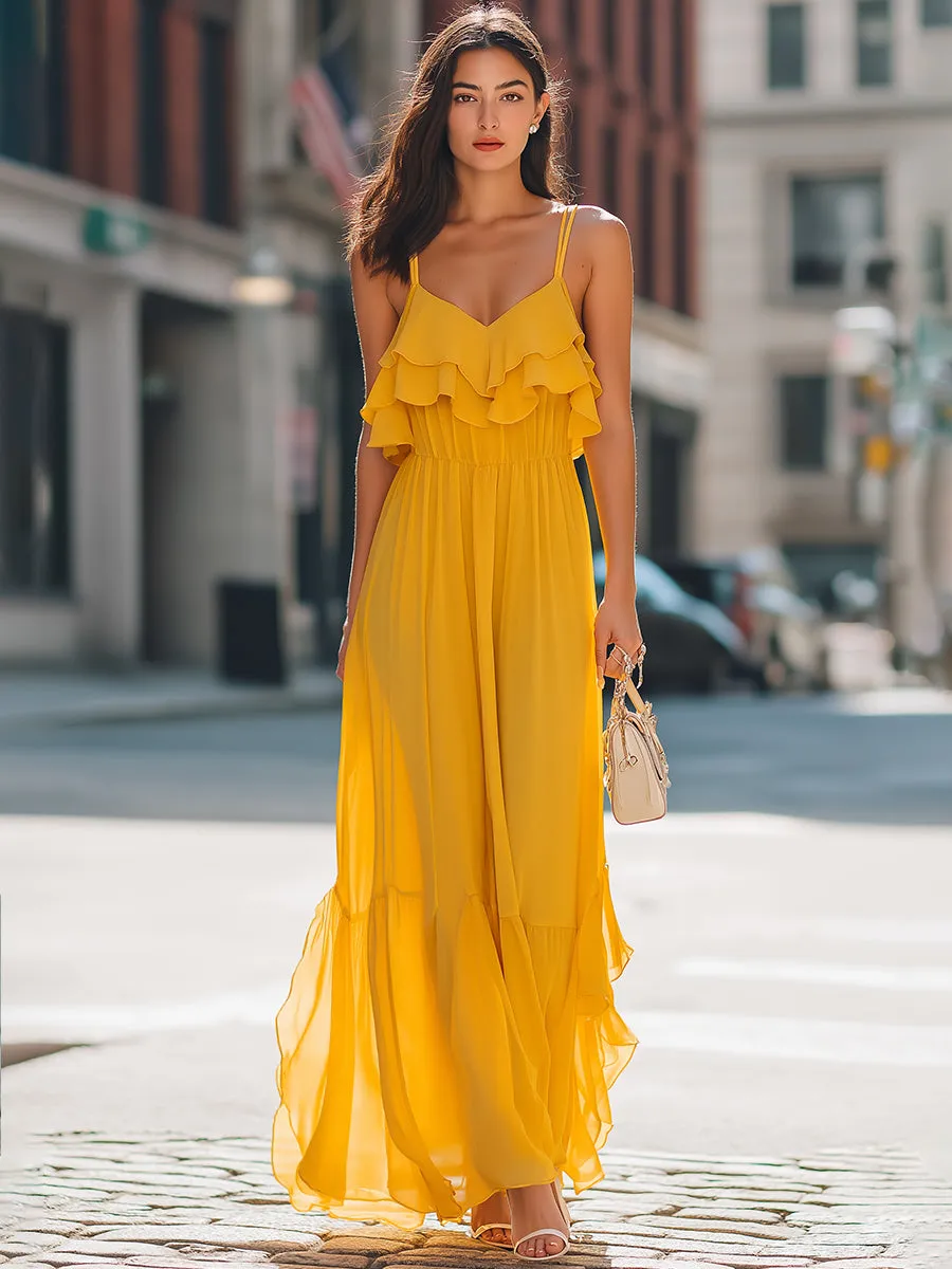 Layered Ruffle Spaghetti Strap Flowing Maxi Dress sold by Mooyius product image thumbnail 2