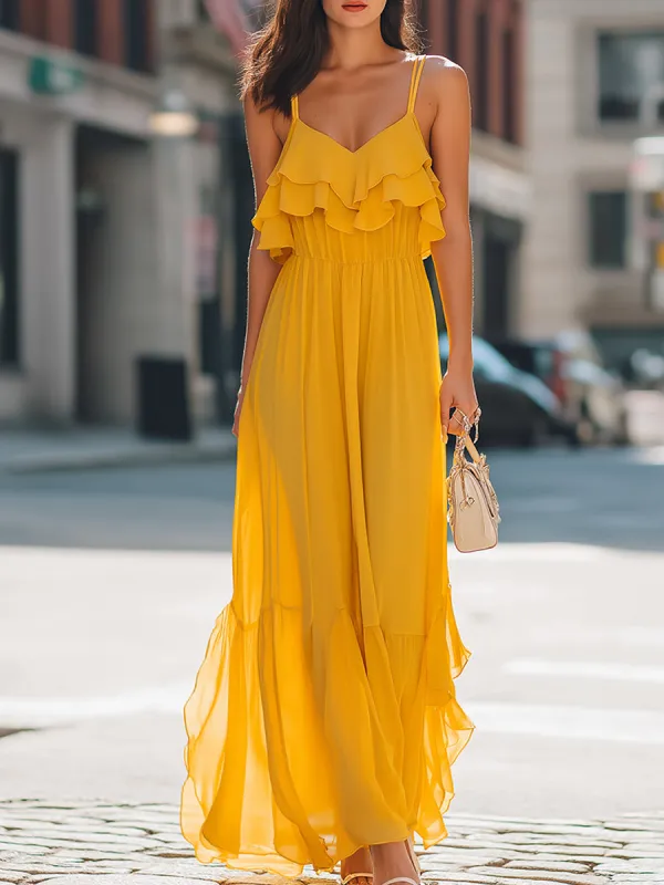 Layered Ruffle Spaghetti Strap Flowing Maxi Dress made by Mooyius
